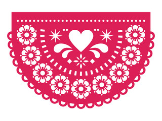 Valentine's Day paper cutout decoration Papel Picado vector half circle design with heart and flowers, Mexican party garland
- 555342977