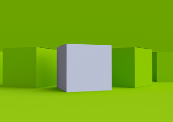 Square white paper box mockup composition isolated on green background. 3d realistic illustration. Template for branding presentation in modern minimal style. Render corporate package.