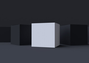 Square white paper box mockup composition isolated on black background. 3d realistic illustration. Template for branding presentation in modern minimal style. Render corporate package.