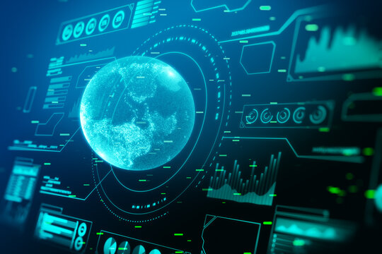 Global network connection and innovation concept with abstract digital interface with world map in the center of technological background with indicators, hud template. 3D rendering
