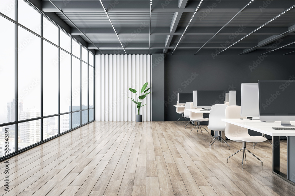 Poster Side view on stylish workspace tables with modern computers in open space office with dark wall background, slatted partition with green plant, city view from window and wooden floor. 3D rendering