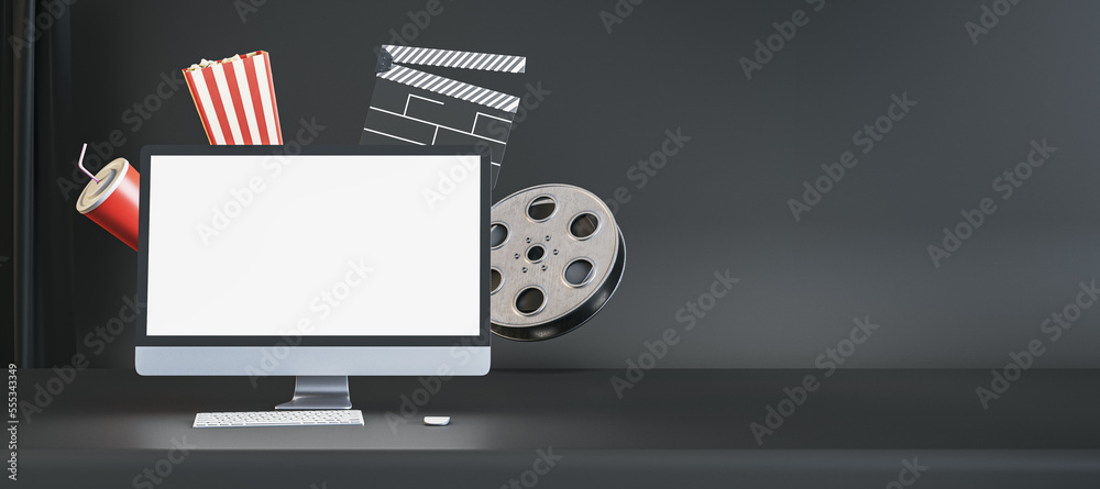 Poster online movie watching and cinematography concept with blank white modern computer monitor screen on 