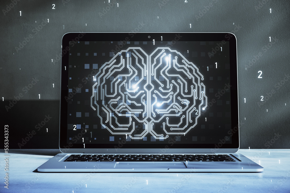 Poster Close up of laptop on desktop with glowing human brain hologram on screen and blurry background. Neurology research and artificial intelligence concept. 3D Rendering.