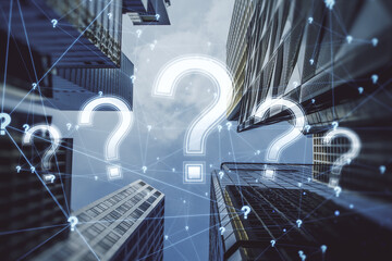 Right solution, investing and real estate market concept with digital question marks on modern city...