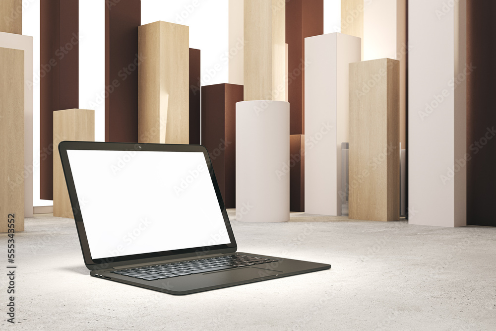 Poster Close up of laptop computer in spotlight and with empty white mock up screen, placed on abstract geometric background. Product and device presentation concept. 3D Rendering.