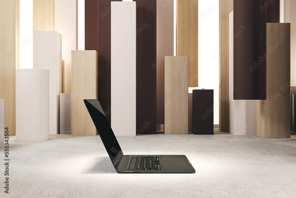 Aufkleber Close up of laptop computer in spotlight placed on abstract geometric background. Product and device presentation concept. 3D Rendering.