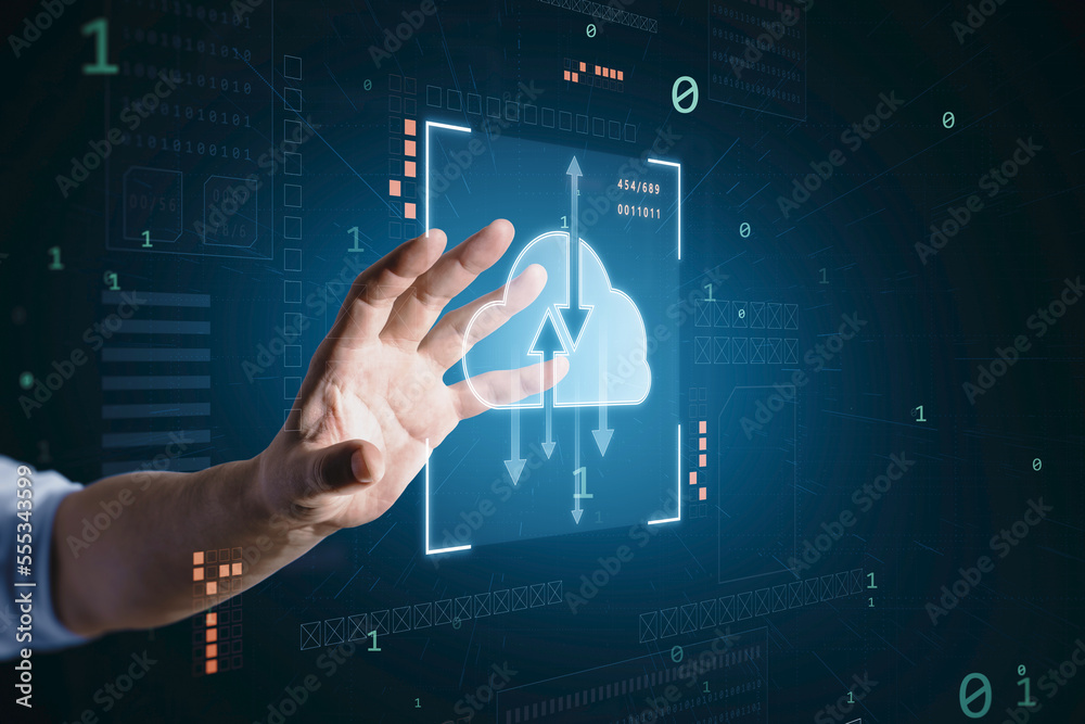 Poster close up of male hand using digital cloud computing hologram on blurry background. cloud data, serve