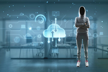 Hacker with folded arms and digital cloud computing hologram on blurry office interior background. Cloud data, server, service and hosting concept. Double exposure.