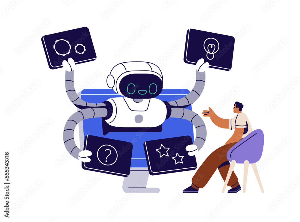 Leinwandbilder AI robot assistant supporting online. Chatterbot and customer communication, chatbot help. Artificial intelligence technology concept. Flat graphic vector illustration isolated on white background