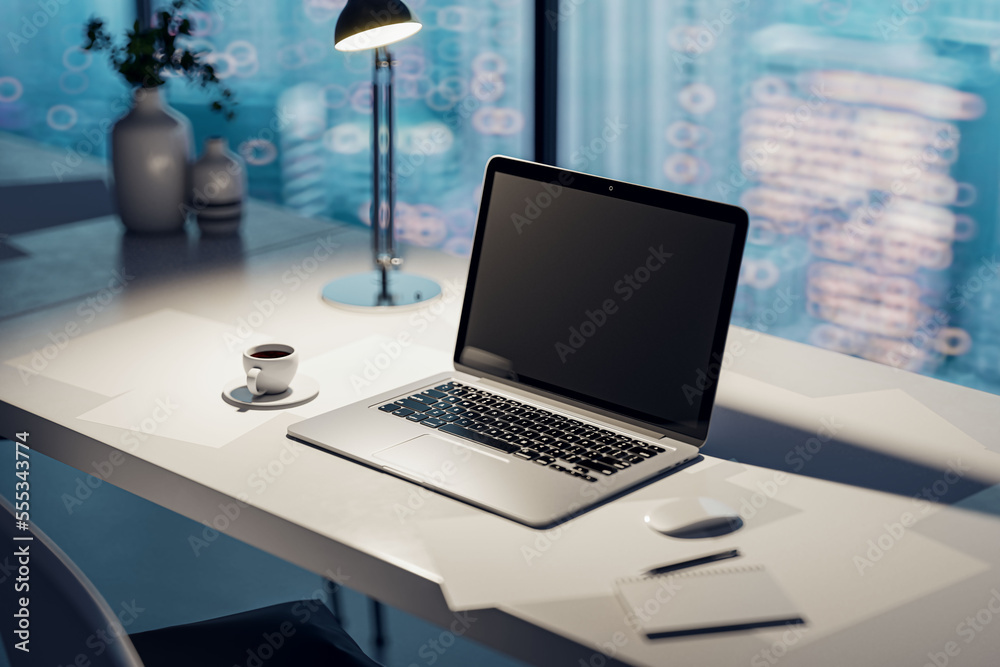 Aufkleber Perspective view on blank dark modern laptop monitor with empty place on light office table with coffee mug on the evening city view background through the window, close up. 3D rendering, mockup