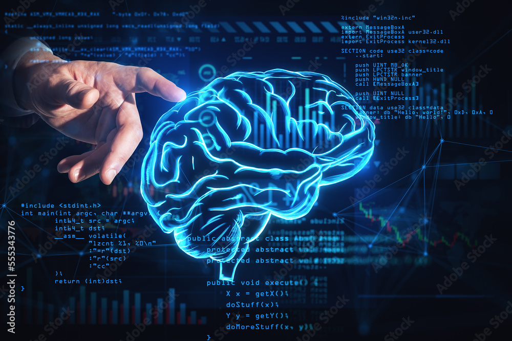 Poster Digital data mining, machine learning development and ai concept with man finger pointing at digital glowing blue human brain with convolutions on dark technological background