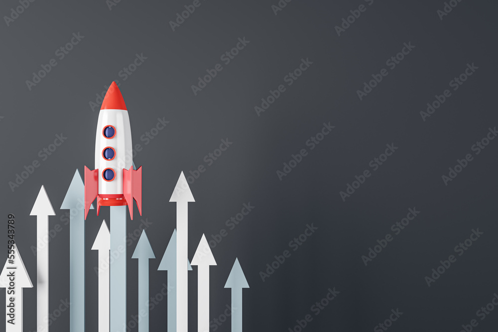 Poster Launching rocket with arrows on black background with mock up place for your advertisement. Start up and new beginning concept. 3D Rendering.