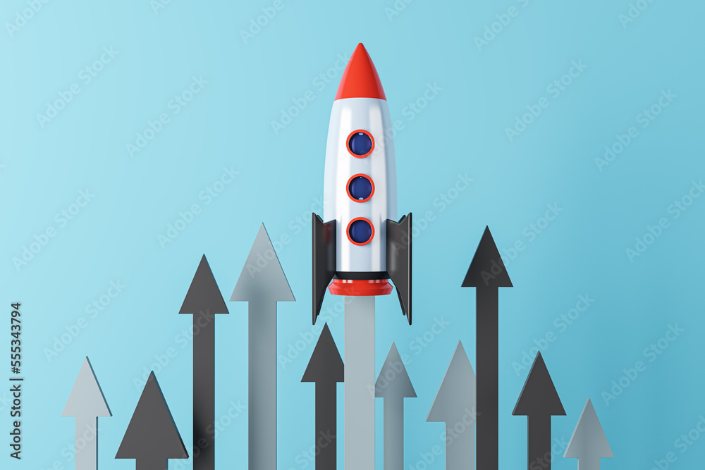Poster launching rocket with arrows on blue background. start up and new beginning concept. 3d rendering.