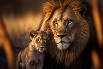 This proud male aftican lion is cuddled by his cub during an affectionate moment. Digital art - obrazy, fototapety, plakaty