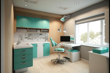 Dental clinic interior design with several working boxes and tools. Generative AI