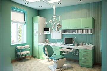 Dental clinic interior design with several working boxes and tools. Generative AI