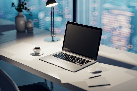 Perspective view on blank dark modern laptop monitor with empty place on light office table with coffee mug on the evening city view background through the window, close up. 3D rendering, mockup