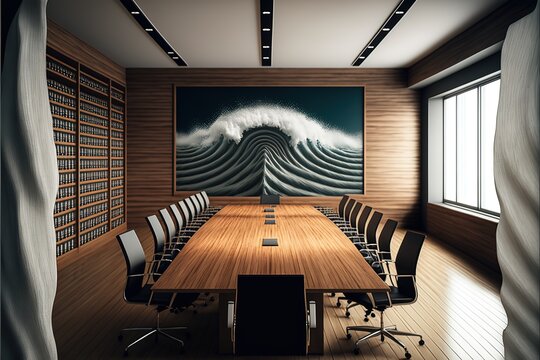 Boardroom Interior With Wave Pattern Wall, Wooden Floor, Long Table With Chairs And Rows Of Shelves With Folders In Them. Front View