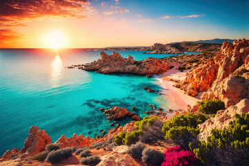 Fototapeta Beautiful spring scenery. Colorful morning scene of Sardinia, Italy, Europe. Fantastic sunrise on Del Sinis peninsula. Picturesque seascape of Mediterranean sea. Digital artwork	
 obraz