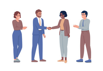 Team celebrating effective collaboration semi flat color vector characters. Editable figures. Full body people on white. Simple cartoon style illustration for web graphic design and animation