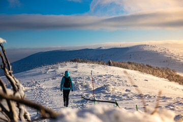 backpacker girl walks along a ridge among snowy and icy bushes on top of a mountain at sunset, mala rawka, bieszczady, poland