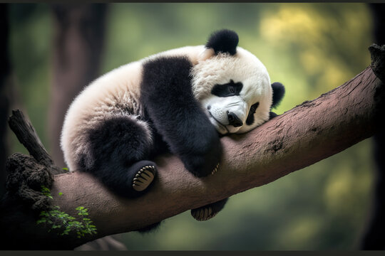 Panda Bear Sleeping on a Tree Branch, China Wildlife.  Cute Lazy Baby Panda Sleeping in the Forest, Enjoying an afternoon nap with paws Hanging Down. Digital artwork
