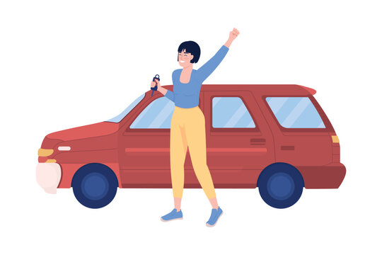 Happy car owner semi flat color vector character. Editable figure. Full body person on white. Woman buying vehicle. Simple cartoon style illustration for web graphic design and animation