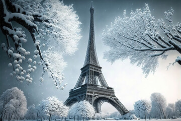 The Eiffel Tower covered in snow. Scenic view to the Eiffel tower on a day with heavy snow. Unusual weather conditions in Paris. Digital artwork