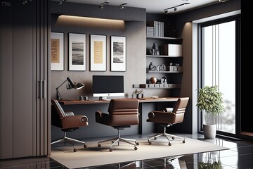 Fototapeta na wymiar Corner of grey and brown office interior with desk, stylish niche, cabinets, panoramic view, three rolling chairs and concrete floor. Concept of modern CEO work place design. Generative AI
