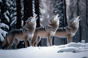Obraz premium Wolves expressing emotions and howling in the wild winter forest. A gray wolfs in a winter forest. Digital artwork