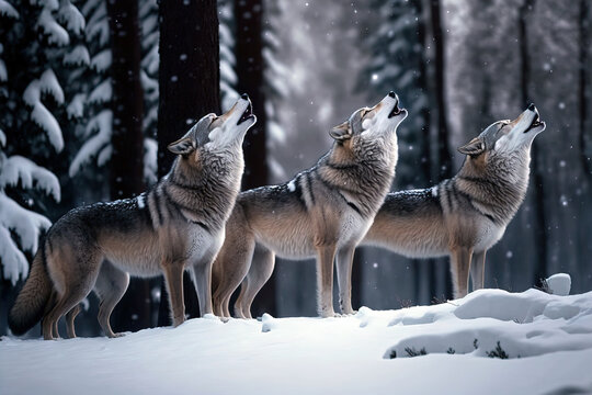 Wolves expressing emotions and howling in the wild winter forest. A gray wolfs in a winter forest. Digital artwork