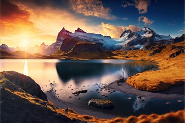 Fototapeta na wymiar Fantastic evening panorama of Bachalp lake / Bachalpsee, Switzerland. Picturesque autumn sunset in Swiss alps, Grindelwald, Bernese Oberland, Europe. Beauty of nature concept background. Generative AI