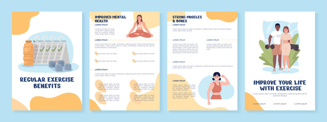 Workout consistency pros flat vector brochure template. Booklet, leaflet printable flat color designs. Editable magazine page, reports kit with text space. Nerko One, Quicksand, Comfortaa fonts used