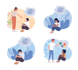 Mental support flat concept vector illustration set. Overcome depression. Help with stress. Editable 2D cartoon characters on white for web design. Creative idea for website, mobile, presentation