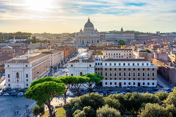 Rome cityscape with St. Peter's basilica in Vatican at sunset, Italy (translation 