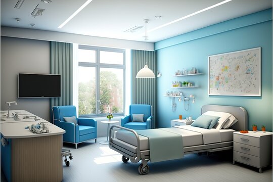 images of hospital patients room with adjustable beds, blue sofas. Spacious rooms. Generative AI