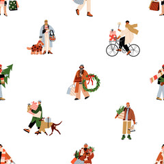 People on Christmas street, seamless pattern. Happy characters with gifts on winter holiday, endless background design, repeating print. Flat vector illustration for wrapping, textile, decoration