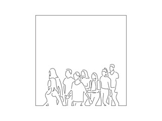 Group of people walking in line art drawing style. Composition of casual people. Black linear sketch isolated on white background. Vector illustration design.