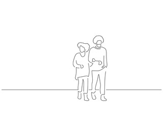 Group of people walking in line art drawing style. Composition of casual people. Black linear sketch isolated on white background. Vector illustration design.