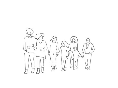 Family walking in line art drawing style. Composition of casual people. Black linear sketch isolated on white background. Vector illustration design.