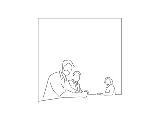 Obraz na płótnie Canvas Group of people at a table in line art drawing style. Composition of casual people. Black linear sketch isolated on white background. Vector illustration design.