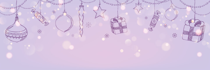 Hand drawn gifts, balls, decorations, stars and garlands on violet holiday background. Merry Christmas and New Year background with glitter, bokeh, sparkles. Vector Illustration