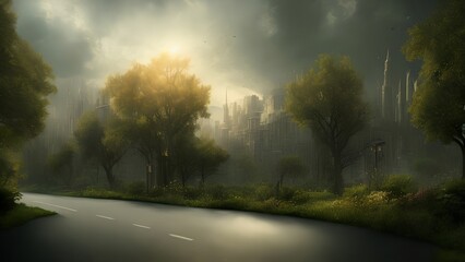 Naklejka premium Generative AI,empty road amidst trees against sky