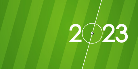 Happy New Year 2023 banner template design with classic soccer ball and decoration for soccer or football industry concept. Sport banner for New Year .
