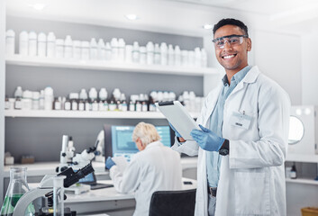 Science, tablet and portrait of a male scientist doing research with technology in a medical laboratory. Happy, smile and man chemist or biologist working on a mobile device in a pharmaceutical lab. - obrazy, fototapety, plakaty