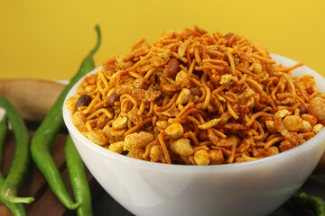 indian namkeen mixture in white bowl 