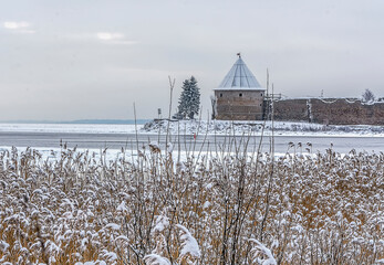 View of the Peter and Paul Fortress, located on Orekhovy Island, in winter.
