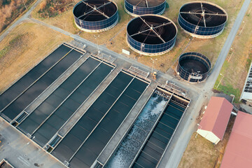 Sewage, sewerage and wastewater treatment plant, aerial view from drone.