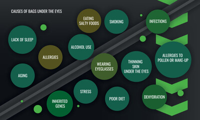 causes of Bags under eyes. Vector illustration for medical journal or brochure.