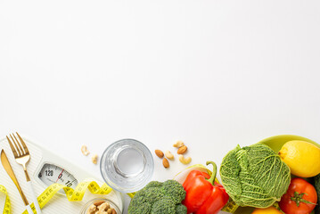 Slimming concept. Top view photo of glass of water vegetables cauliflower cabbage lemon tomato...